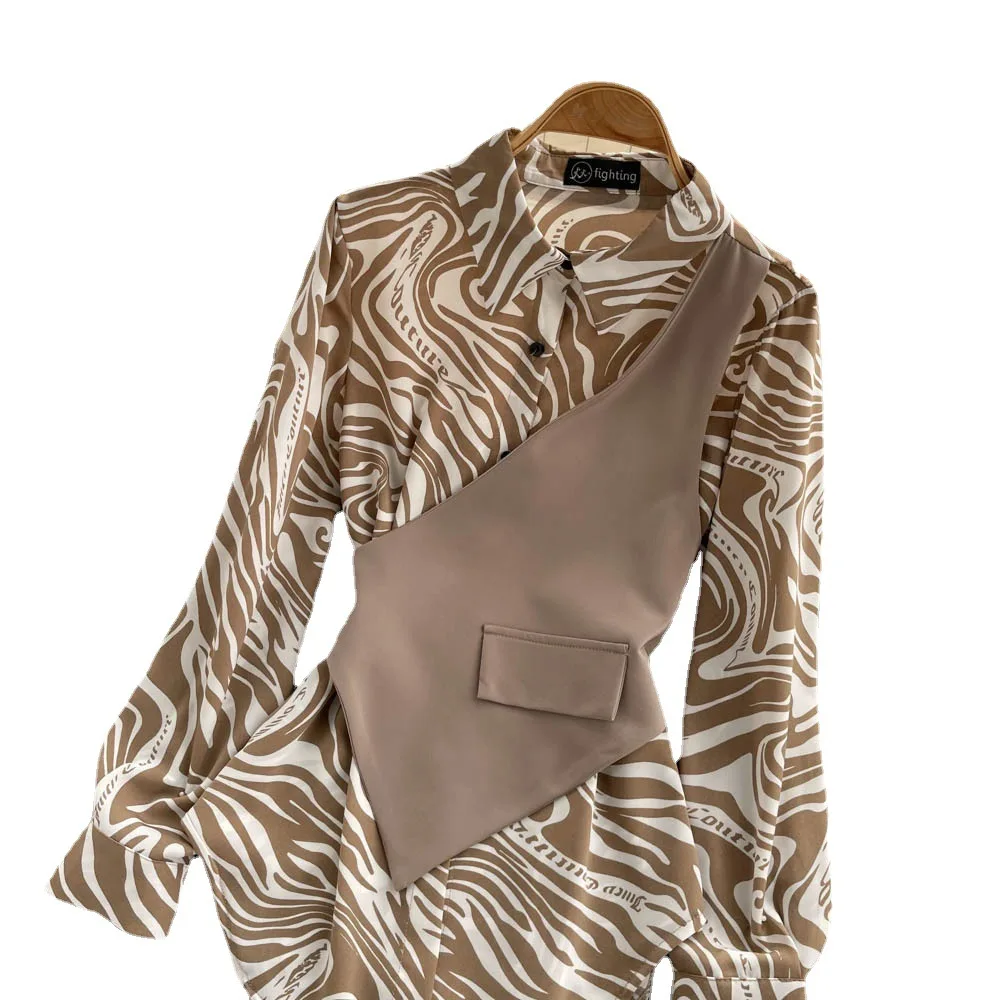 fashion new Korean version of the long-sleeved top loose thin zebra pattern stitching two-piece shirt women