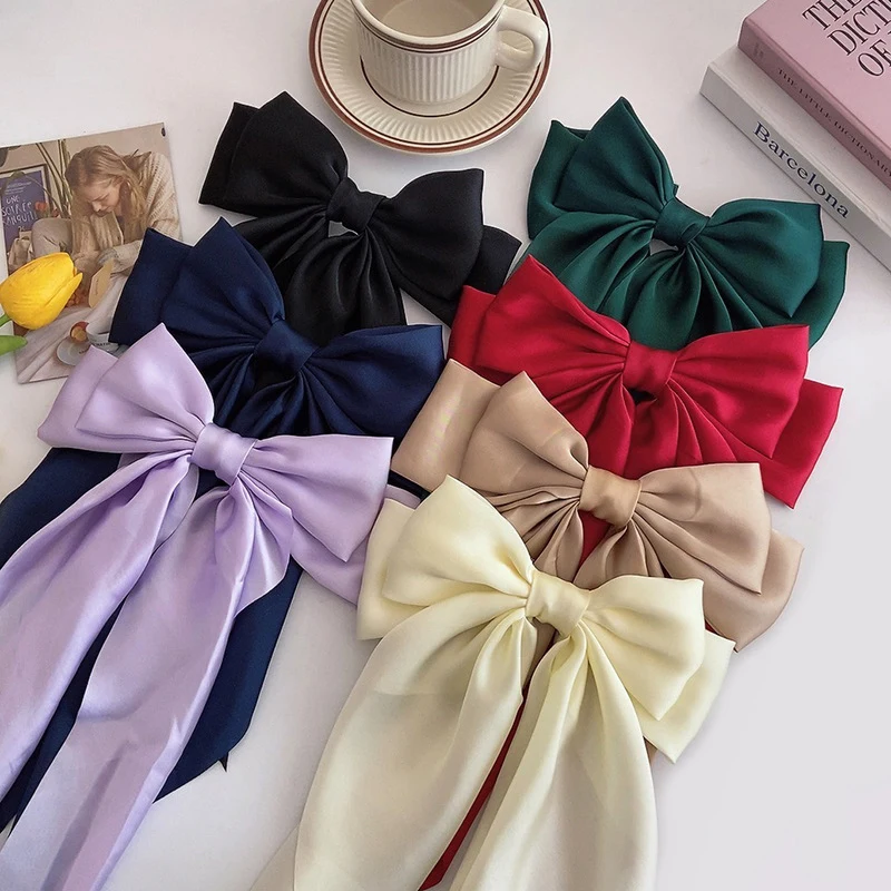 2024 top ranking hair accessories silky satin spring summer solid long tail bows clip hairpin