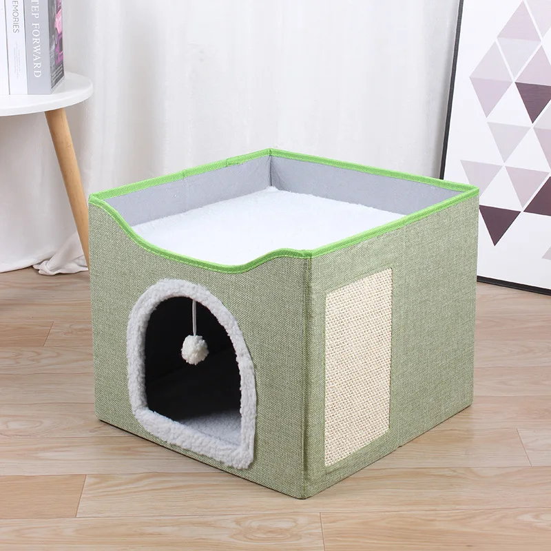 Cat Beds for Indoor  Large Cat Cave for Pet Cat House with Fluffy Ball Hanging and Scratch Pad Foldable Hideaway