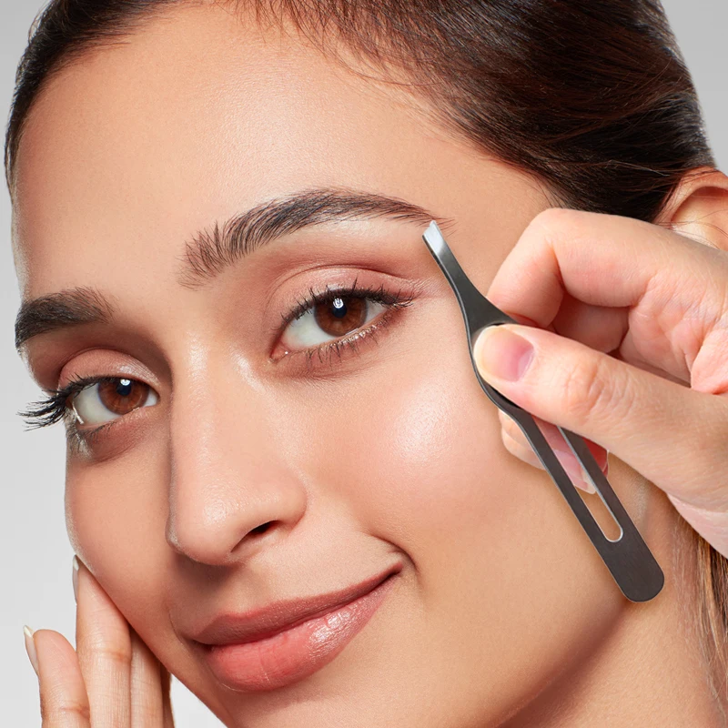 U-Shaped Stainless Steel Slant Flat Sanding Eyebrow Clip Eyelash Tweezer Eyebrow Tweezer With Silicone Handle