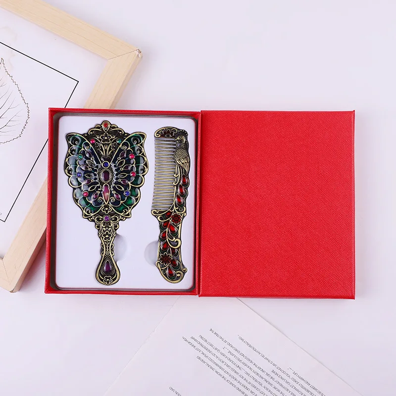 European metal handle mirror alloy palace peacock mirror retro portable vanity cosmetic mirror factory direct sales