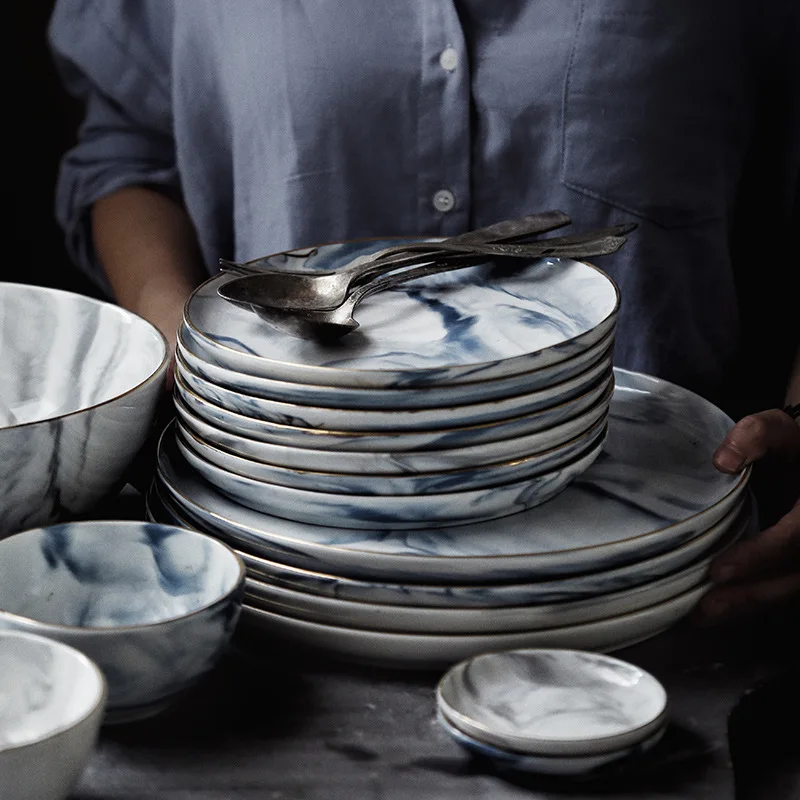 The latest design nordic gold rim charger plates blue marble plate cheap bulk luxury ceramic dinner plates sets