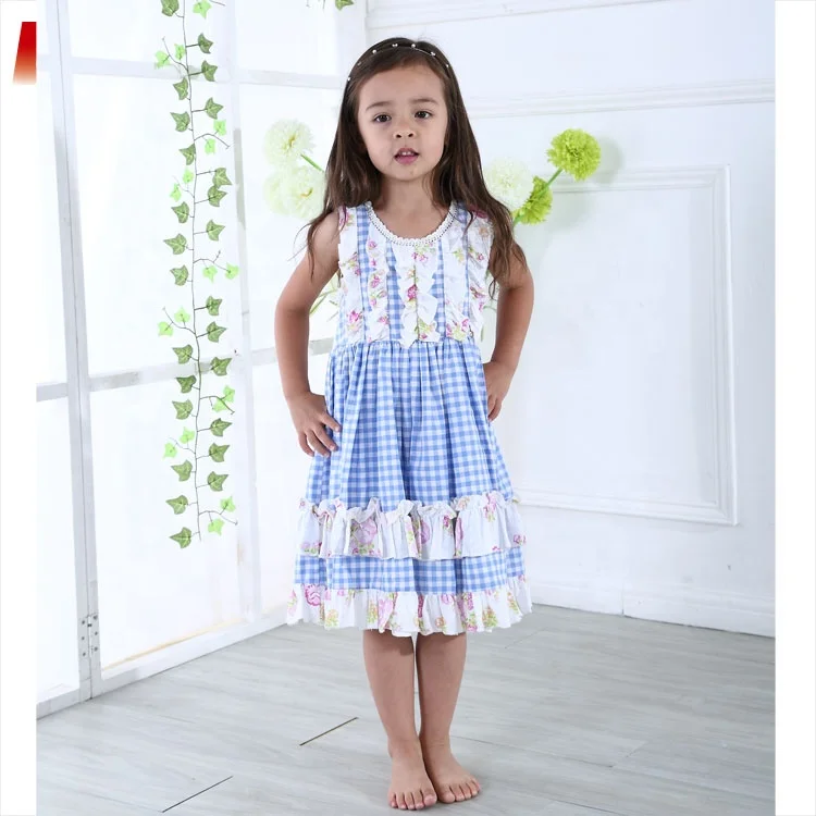 Jannybb new design  baby girl blue check print dress