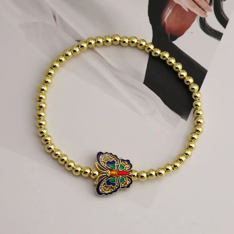 BM1133 New Dainty 18K Gold Plated Gold Beaded Enamel Filigree Butterfly Charm Bracelet