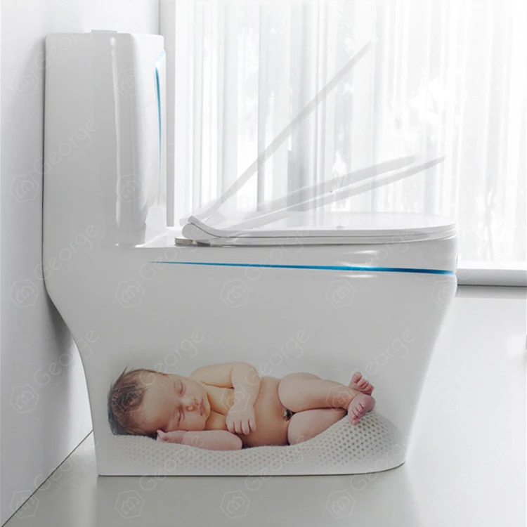 
One-piece Floor mounted siphon jet toilet white color mixed blue line with PP cover S-trap 300mm 