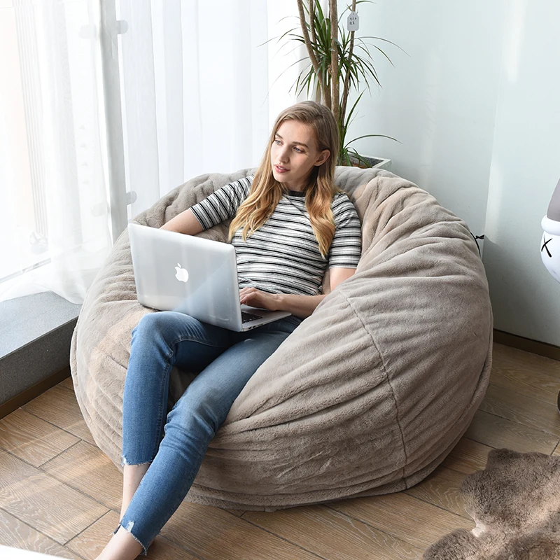 Customized Faux Fur Foam Filled Bean Bag Drawing Room Comfortable Giant Seat Bean Bag Oversize Beanbag Sofa Chair Pure Brown XXL