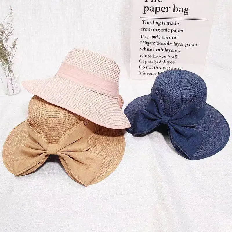 
2021 New design summer straw bowknot hats beach sun hats for women bangkok ladies woven sun hat 
