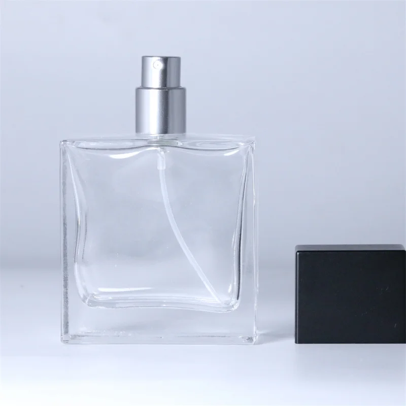 Transparent 50ml square spray perfume glass bottle and cap with box in stock