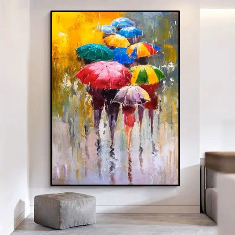 Modern Abstract Colorful Rain Landscape People with Umbrella Canvas Oil Painting for Home Wall Art Decor