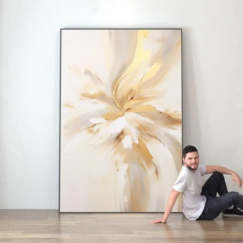 Modern Entrance Gold Foil Lucky Artwork Luxury 100% Hand-painted Mural Abstract painting paintings and wall arts with frame
