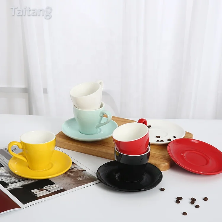 Cafe Supplies Wholesale Solid Color Tea and Saucer Cups Ceramic Reusable Espresso Coffee Cup Set