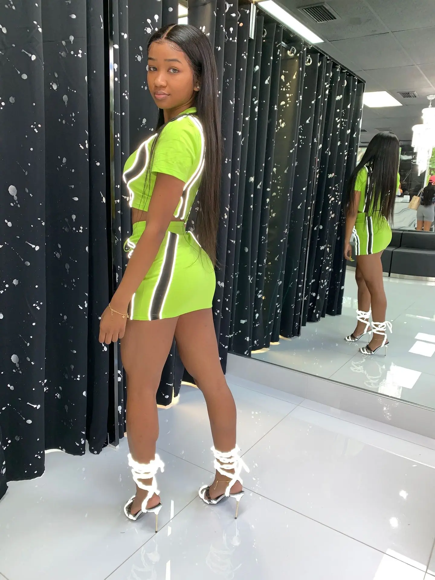 Women Bodycon Sexy Casual Dress Women Two Piece Set Clothing 2 Piece Sets Outfits  Lady Elegant Neon Reflective Clothing Dresses