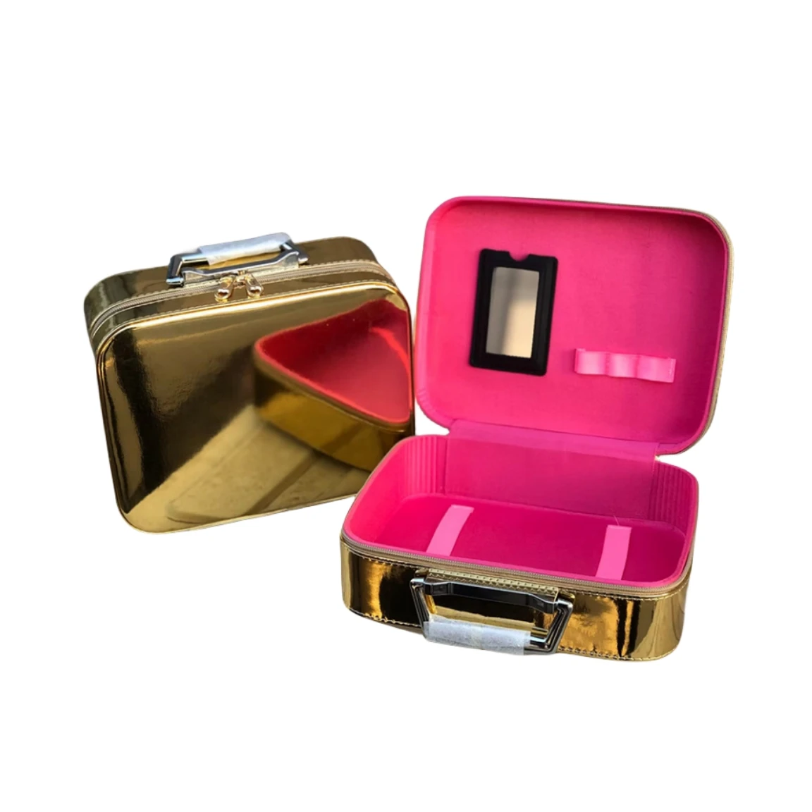 Portable Girls Pink Makeup Case PU Leather Waterproof Makeup Organizer With Mirror Light Weight Beauty Makeup Box