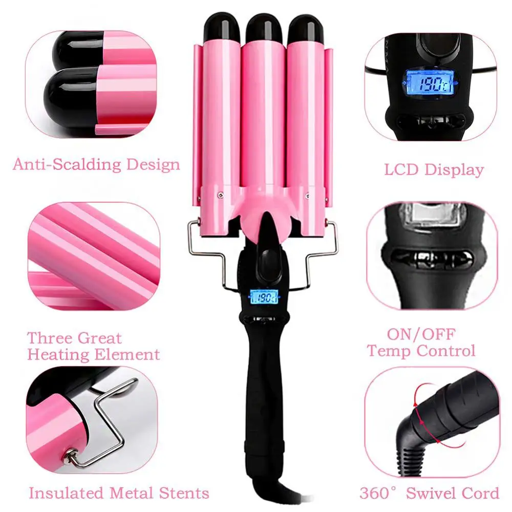 Home use private label three barrel ceramic Ionic big wave curler automatic LCD pink hair waver hair curler