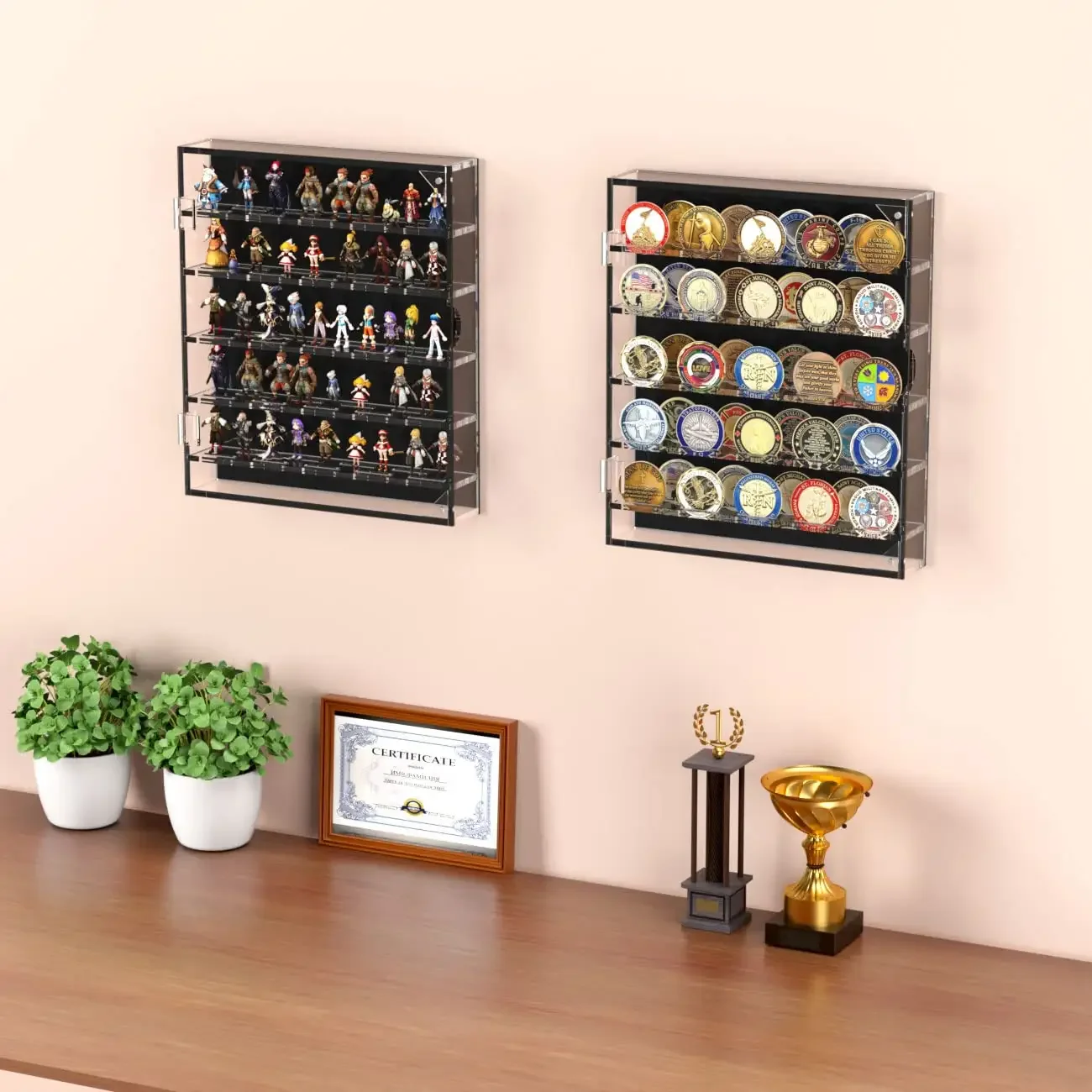 Factory custom challenge coin display case wall hanging display stand adjustable coin display box