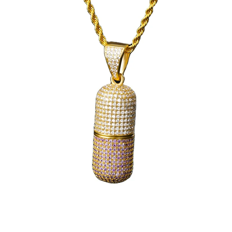 DUYIZHAO Hip Hop Pendant with 3mm Stainless Steel Rope Chain  Gold Plated Micro Pave CZ 3D Pill Capsule Removable Pendant