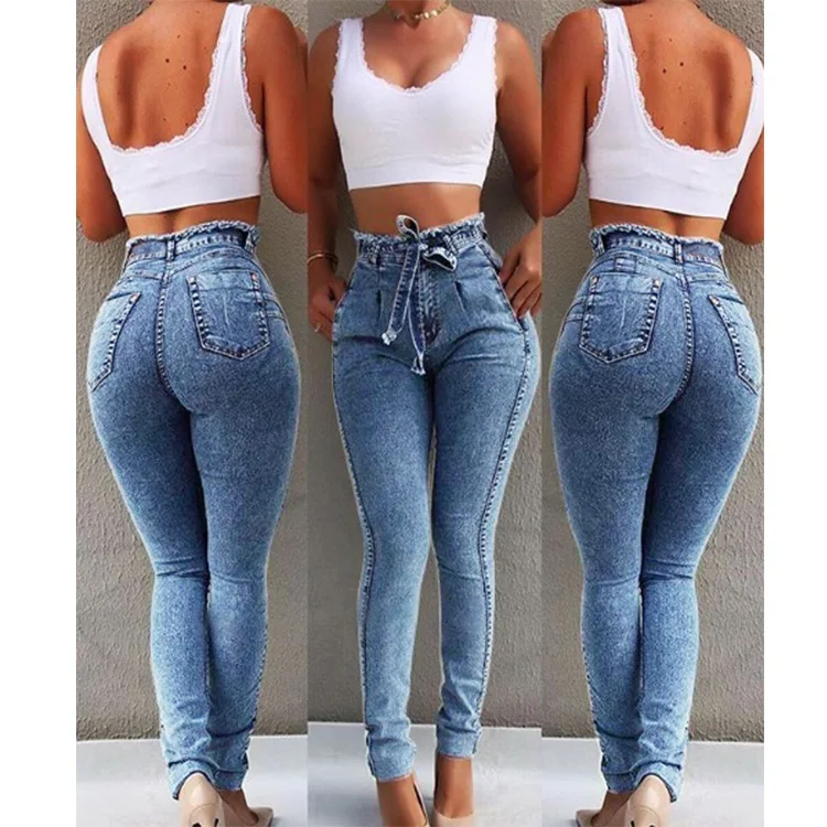 YQY692 Best-Selling Denim Jeans Pants Slim Fit Elastic High Waist Jeans Pants For Women With Tassel Belt