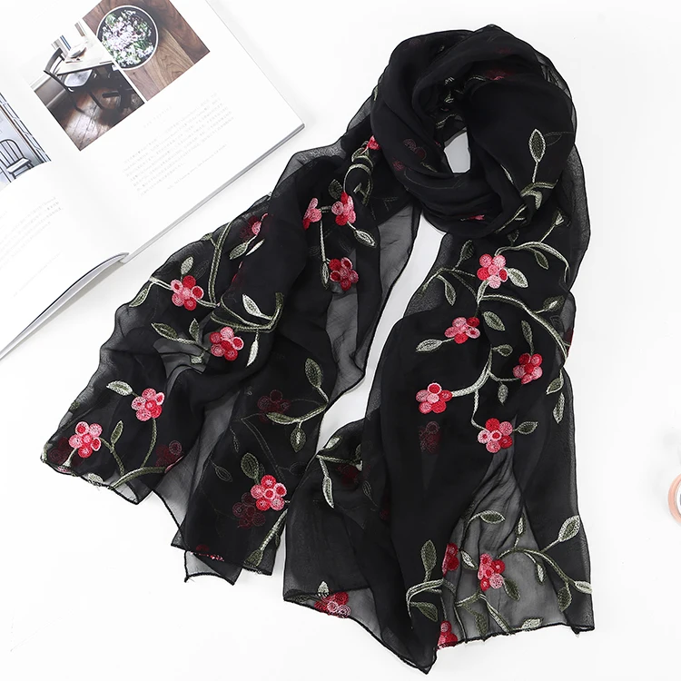 Peach Blossom Flower Embroidered elegant silk scarf Sunscreen Beach scarf silk satin hijab shawl wraps