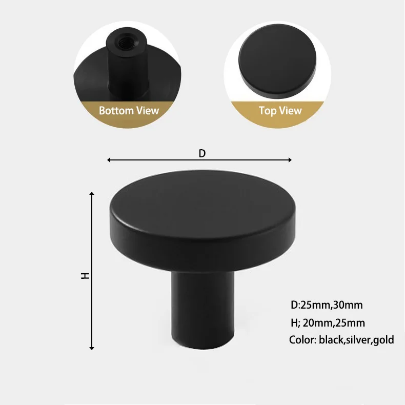 Solid Anodized Matte Black Aluminum Drawer Round Cabinet Dresser Furniture Knobs Wardrobe Door Pull Handles