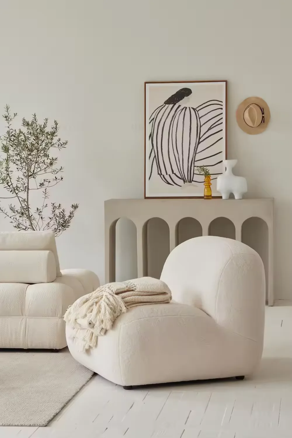 Modern Casual Leisure Single White Sheep Skin Fabric Sofa Chair Set Wabi-Sabi Geometric Pattern Hotels Villas Apartments Malls
