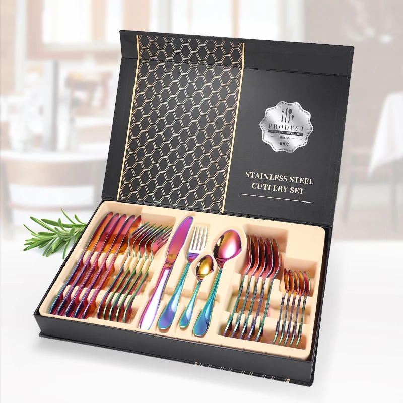 
Custom hotel wedding metal stainless steel silver gold plated round handle cutlery 24pcs set with gift box 