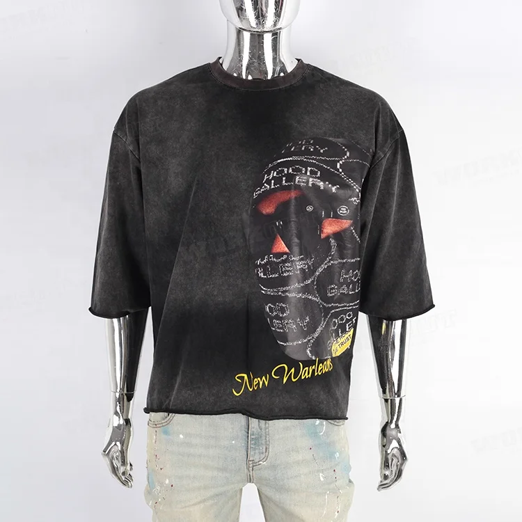 Custom streetwear manufacturer cut edge raw hem vintage acid wash tees sun faded aged oversized cropped top boxy fit t shirt men