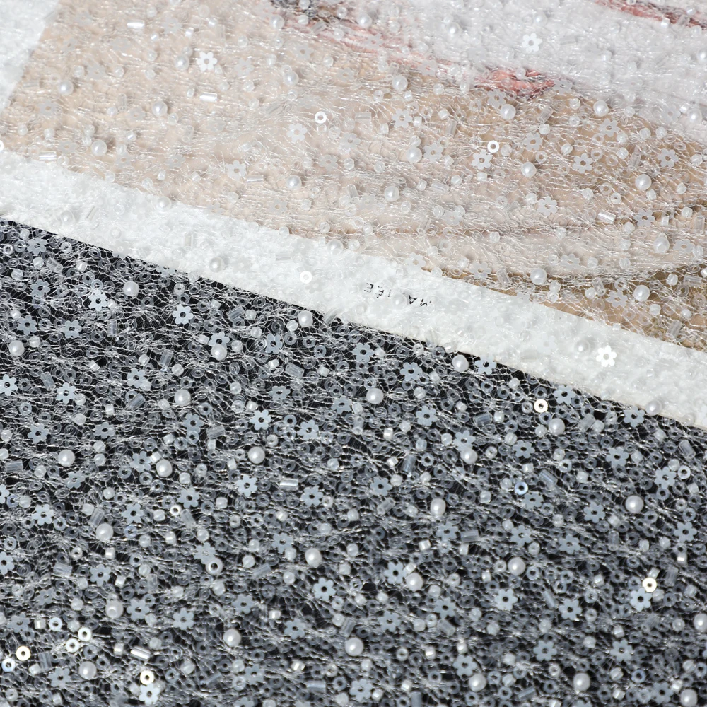 Yanzi Custom Pearl Flower Sequin Embroidery Bridal Wedding Fabric Heavy Dubai Embroidery Beaded Lace by the Yard