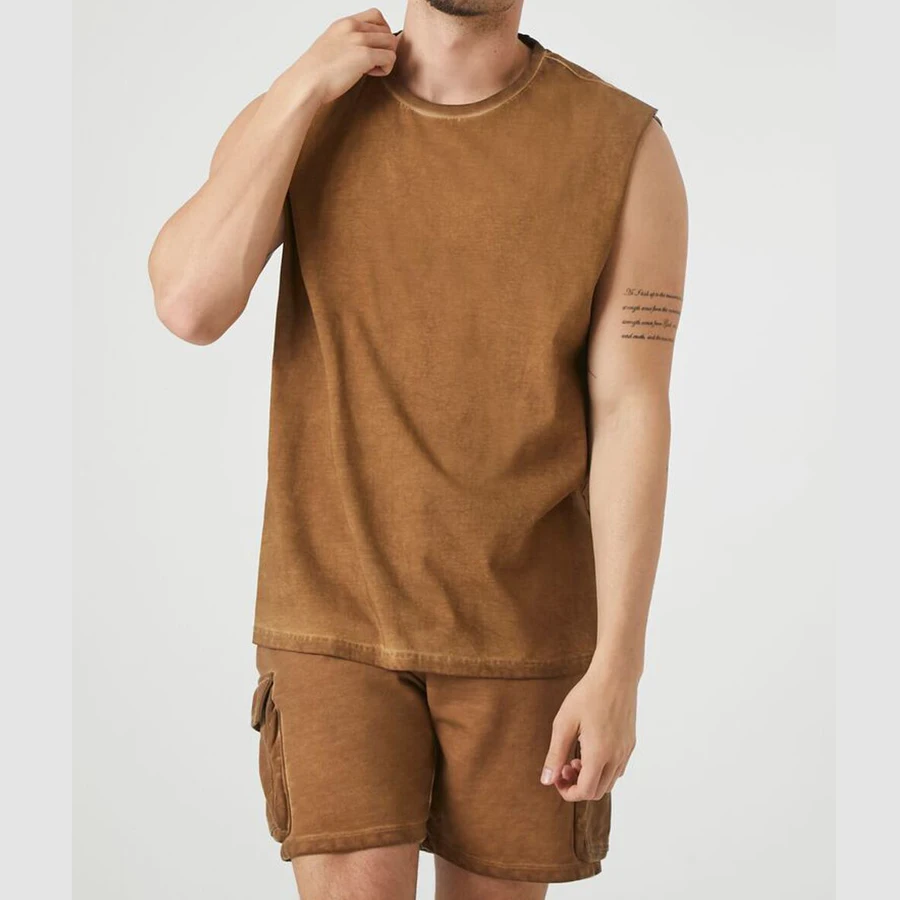 Mens tank top solid color oil washed raw cut muscle tee fashion sweat short sets manufacturer
