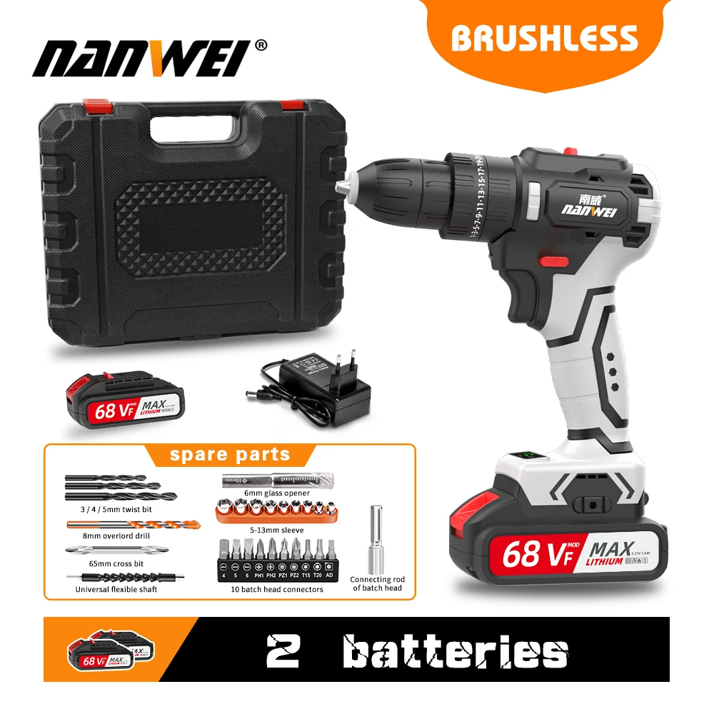NANWEI 80N power drills 21V 1750rpm brushless impact drill power tools handy cordless drill tools 68VF lithium battery drill