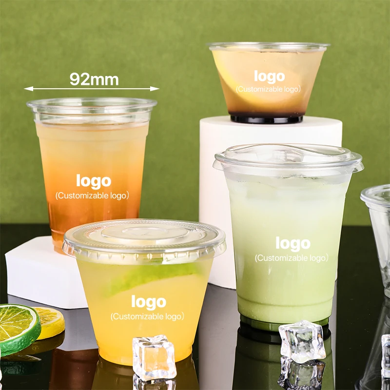 92 mm Custom Logo PP PET frosted Plastic dessert cold Drink Cups Cheap6/ 8/9/16/24/32oz u shape clear plastic cups with lid