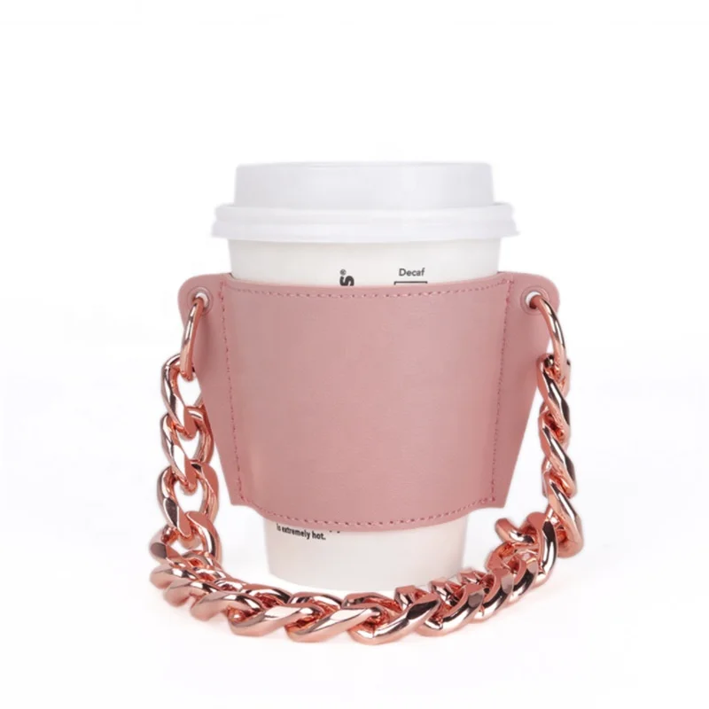 2024 Hot sale Handmade Coffee Cup Sleeve Holders custom logo PU leather cup holder Milky Tea Cup holder With Acrylic Chain Strap
