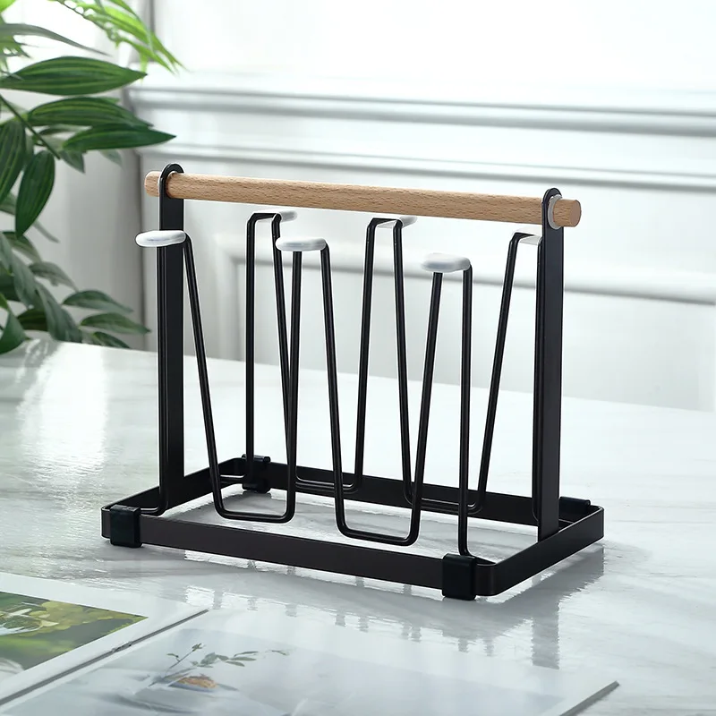 Household Kitchen Counter 6 Hooks Storage Rack Holder Glass Cup Drying Rack With Wooden Handle