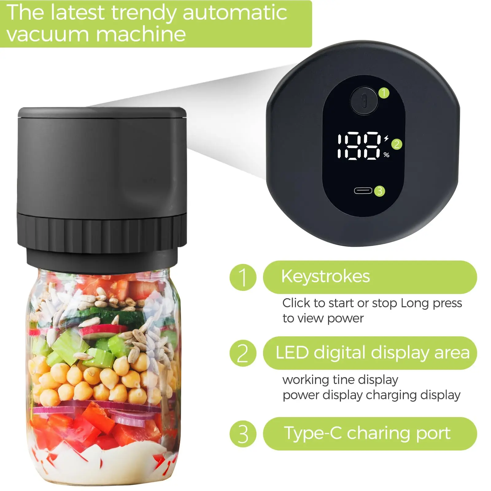 1200mah Wireless Food Saver Vacuum Sealer Machine for Food Storage Electric Mason Jar Vacuum Sealer for Home