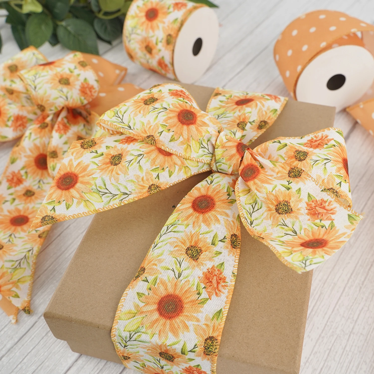 Custom Spring Sunflower Summer Flower Flaxen Dots Garland Wired Edge Ribbon For Wreath DIY Crafting Gift Wrapping Party Decor