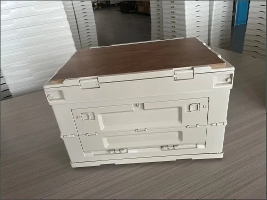 QM Double door foldable plastic storage box camping folding storage  organizer with wood lid