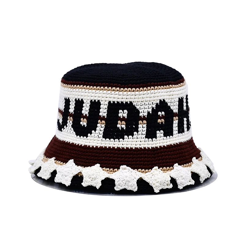 Custom Logo Patch Handmade Hollow Knitted Bucket Hat Floral Flower Girls Thick Warm Women Wool Crochet Beanie Hats