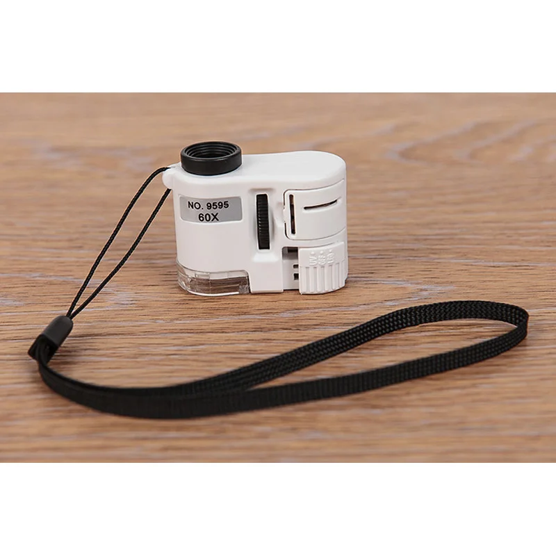 
New White Ins Style Portable 60X Focusing Pocket Optical Identification Jewelry Antique Microscope With LED UV Light 