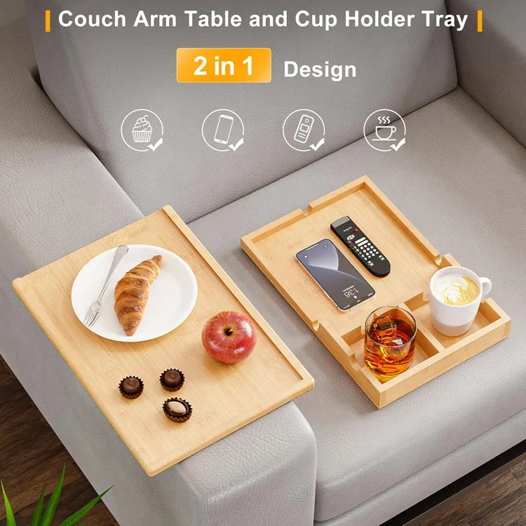 Houseware Wood Armrest Clip On Side Table Detachable Cup Holder Bamboo Sofa Refreshment Tray For Drinks