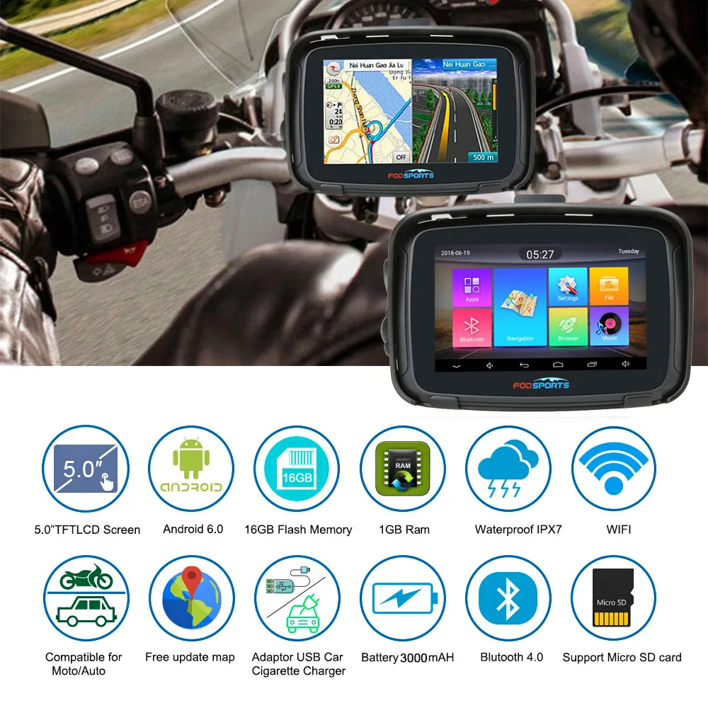  Водонепроницаемая мотоциклетная GPS-навигация Fodsports 5 0 дюйма Бесплатная карта Android 6 Wi-Fi