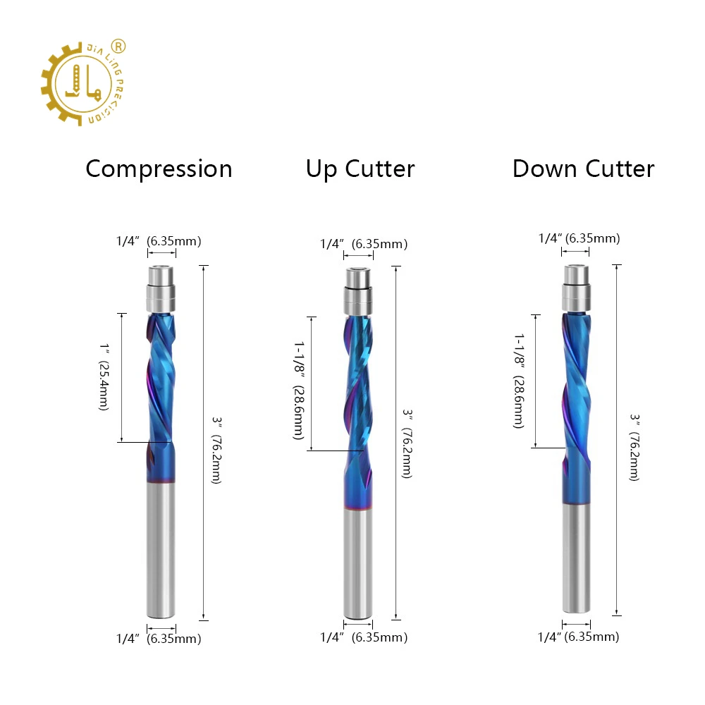 Flush Trim Router Bit Upcut Downcut 12 Shank Compression Cutter Solid Carbide Spiral CNC Router Trimmer Bits With Blue Coating