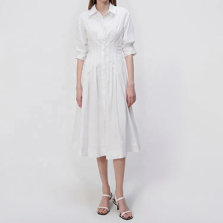 Wholesale Women Clothing High Quality White Linen Half Sleeve Shirt Midi Dress Button up Turn-down Collar Casual dresses