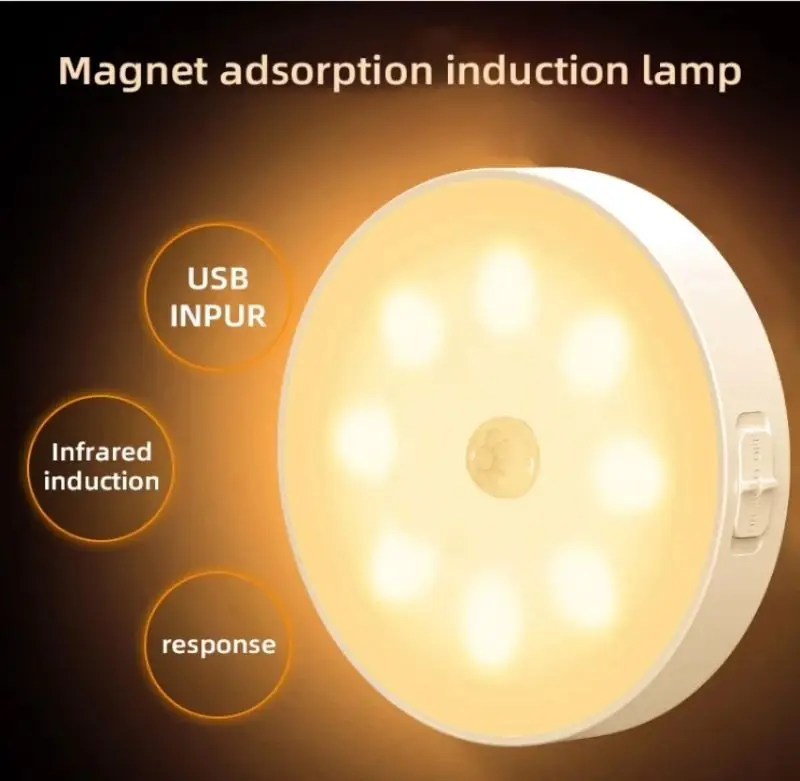 Round Smart LED Night Light Battery Powered Cabinet Bedside Bedroom Closet Closet Lighting Magnetic Suction Sensor Light