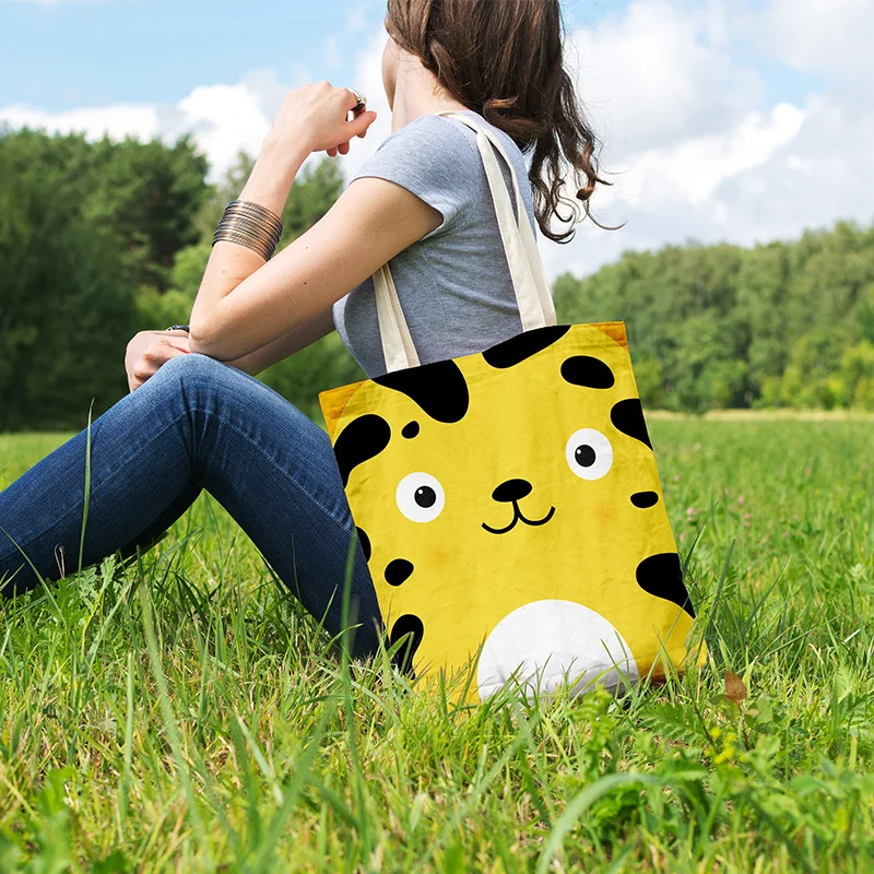 New Women Cartoon Handbag Color Animal Face Panda Lion Shoulder Canvas Bag Large Capacity Girl Reusable Shopping Bag Grocery Bag