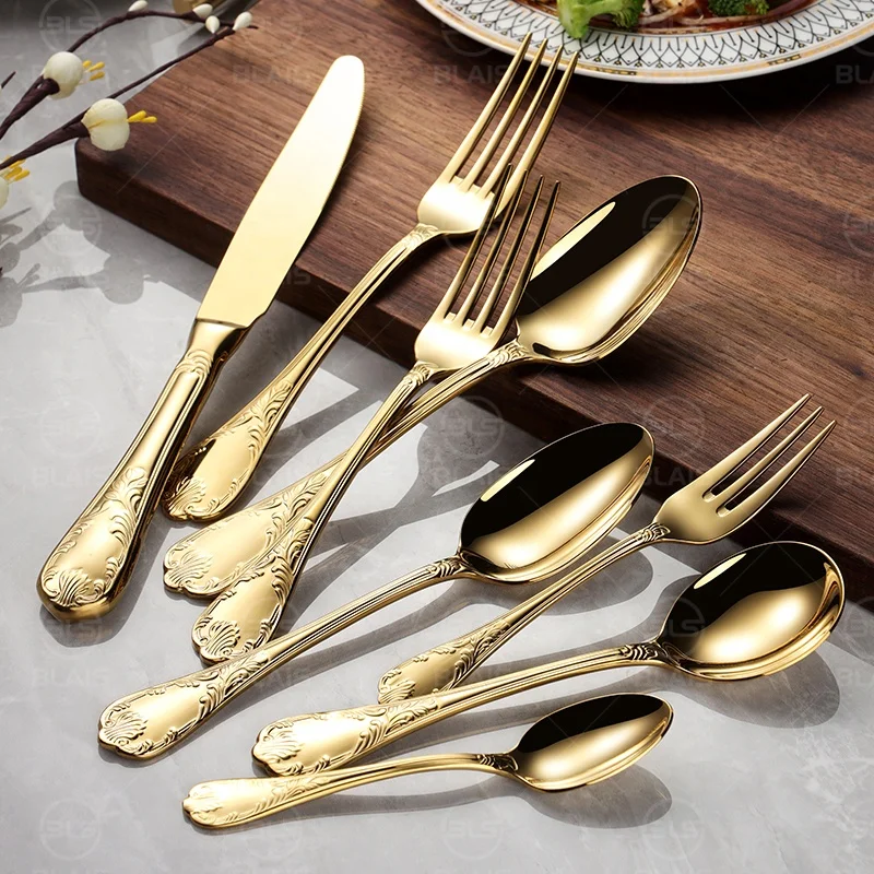 Fancy retro gold flatware set wedding bulk silverware high quality luxury metal golden plated 304 stainless steel 18/8 cutlery
