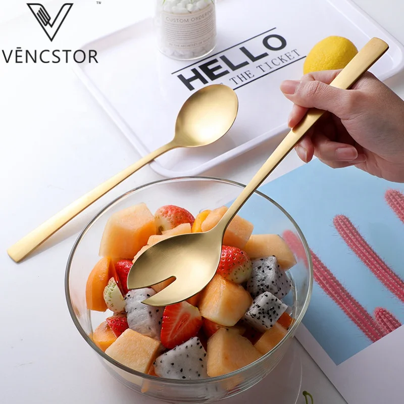 
2PCS Wedding Restaurant Matte Gold Salad Servers Spoon And Fork Set 