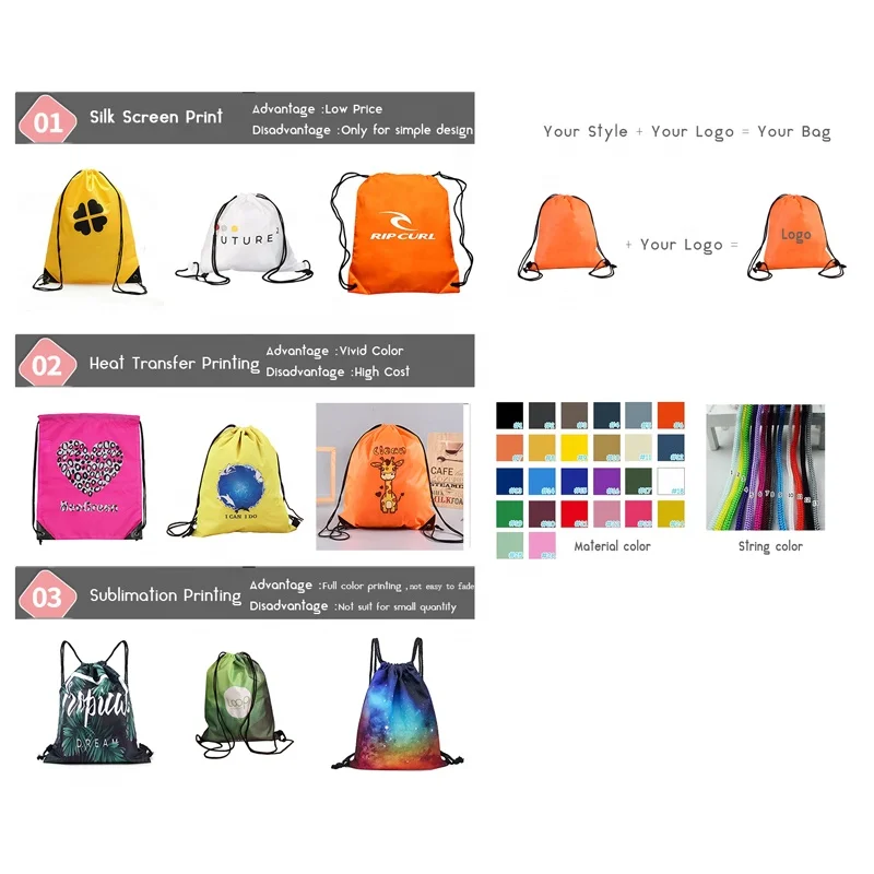 Portable Sports Storage Drawstring running bags 420D Polyester Backpack printed drawstring bags