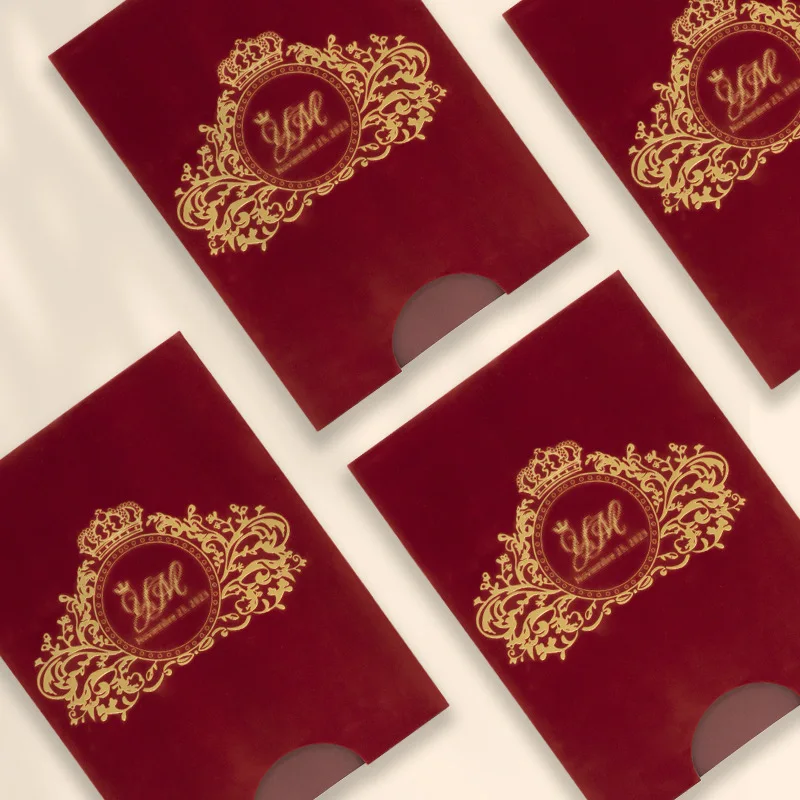 Free Sample Create Invitation Cards Burgundy Sleeve Design Velvet Wedding Invites with Tassel