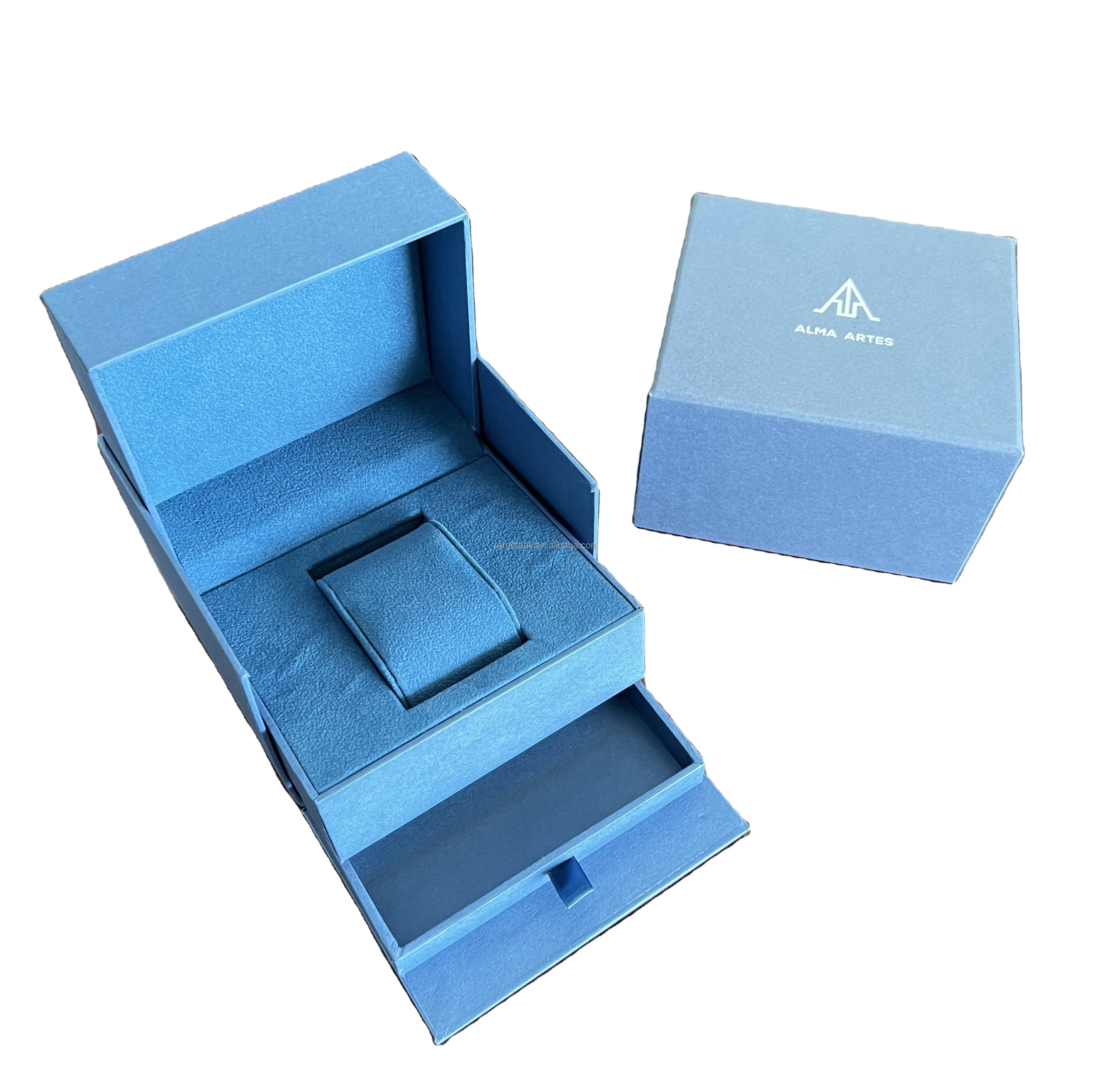 Blue Velvet Luxury Paper Watch Box Design Custom Sliding Drawer Cardboard Empty Display Gift Packaging Watch Box with Pillow