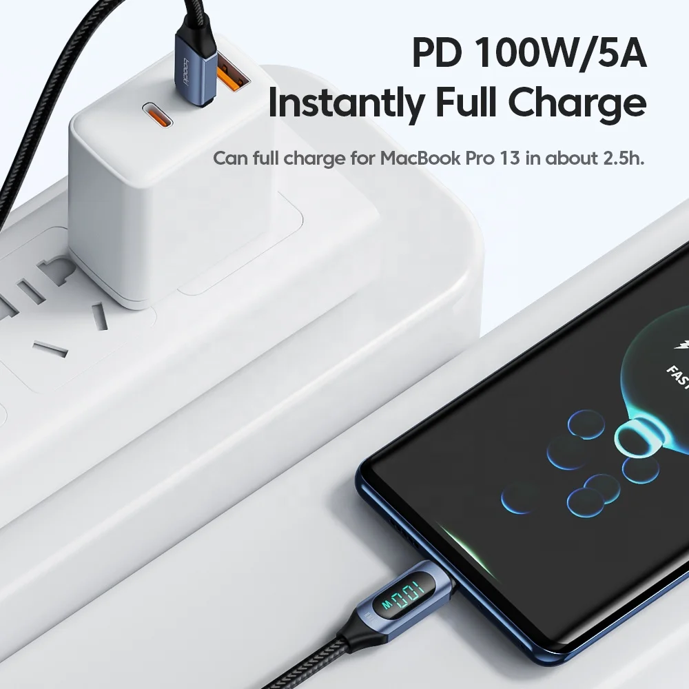 PD 100w 5A type c to type c usb c fast charging mobile phone flex charger cables power real-time display visible charging cable