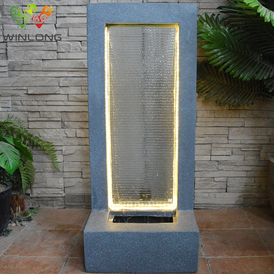 hot artificial fiberglass indoor outdoor garden water screen mirror glass wall waterfall fountain feature with LED string light